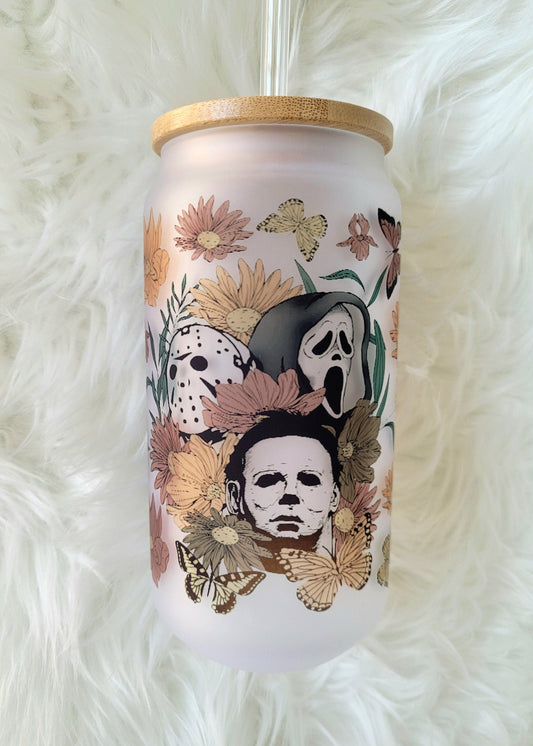 18oz Floral Horror Frosted Glass Tumbler