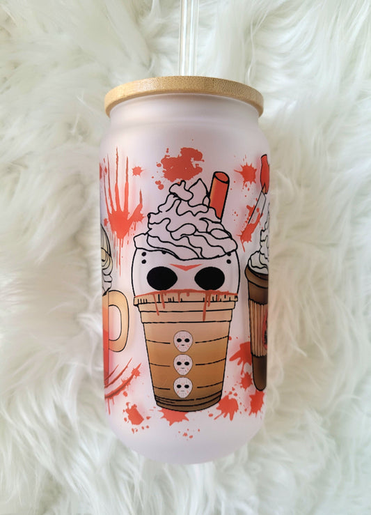 18oz Coffee Horror Friends Frosted Glass Tumbler